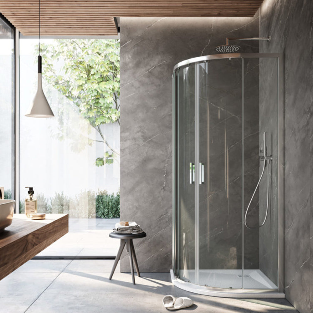 Box doccia semicircolare apertura scorrevole angolare reversibile 80x80 cm modello Dioniso in cristallo trasparente 6 mm