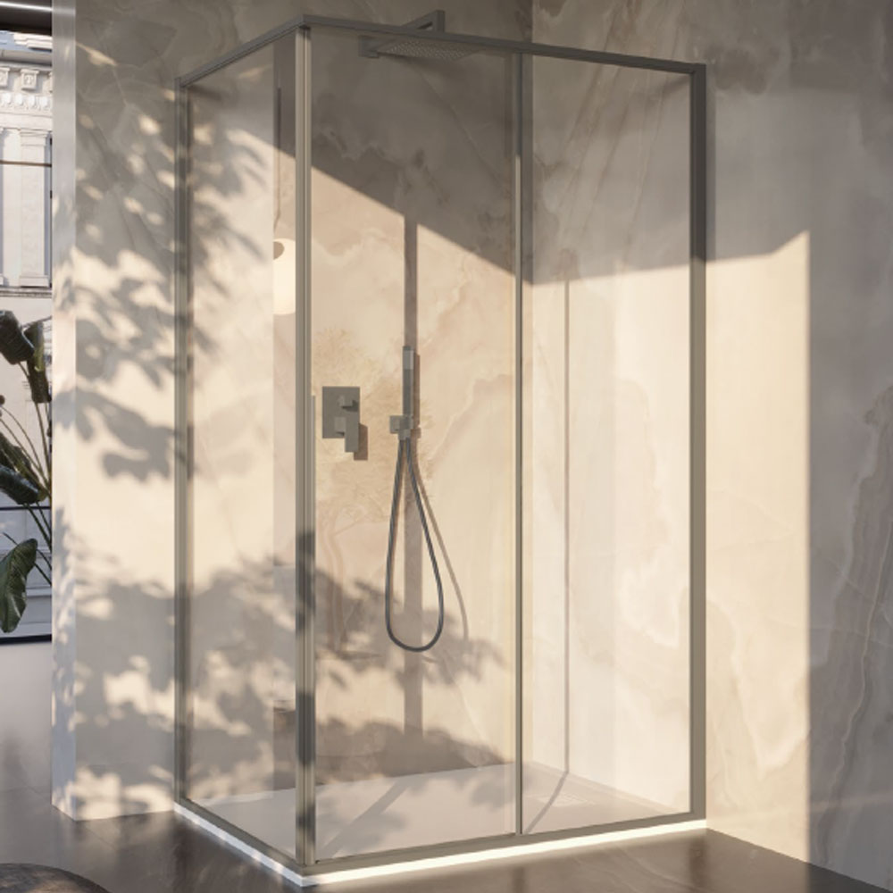 Box Doccia rettangolare 90x120 in cristallo da 6 mm e profilo minimale in alluminio colore Tortora. Versione Destra