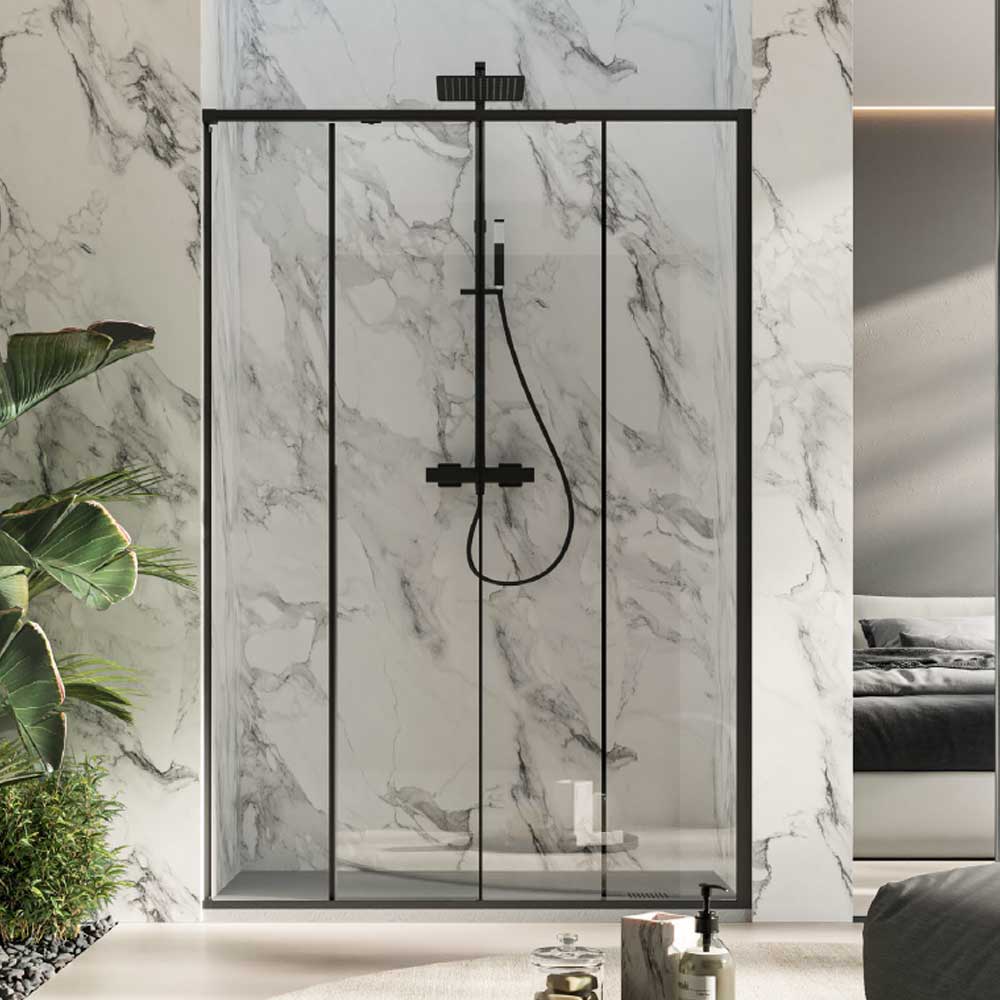 Porta doccia scorrevole Prestige cm 160 in cristallo da 6 mm e profilo minimale in alluminio colore Nero Opaco. Versione Destra