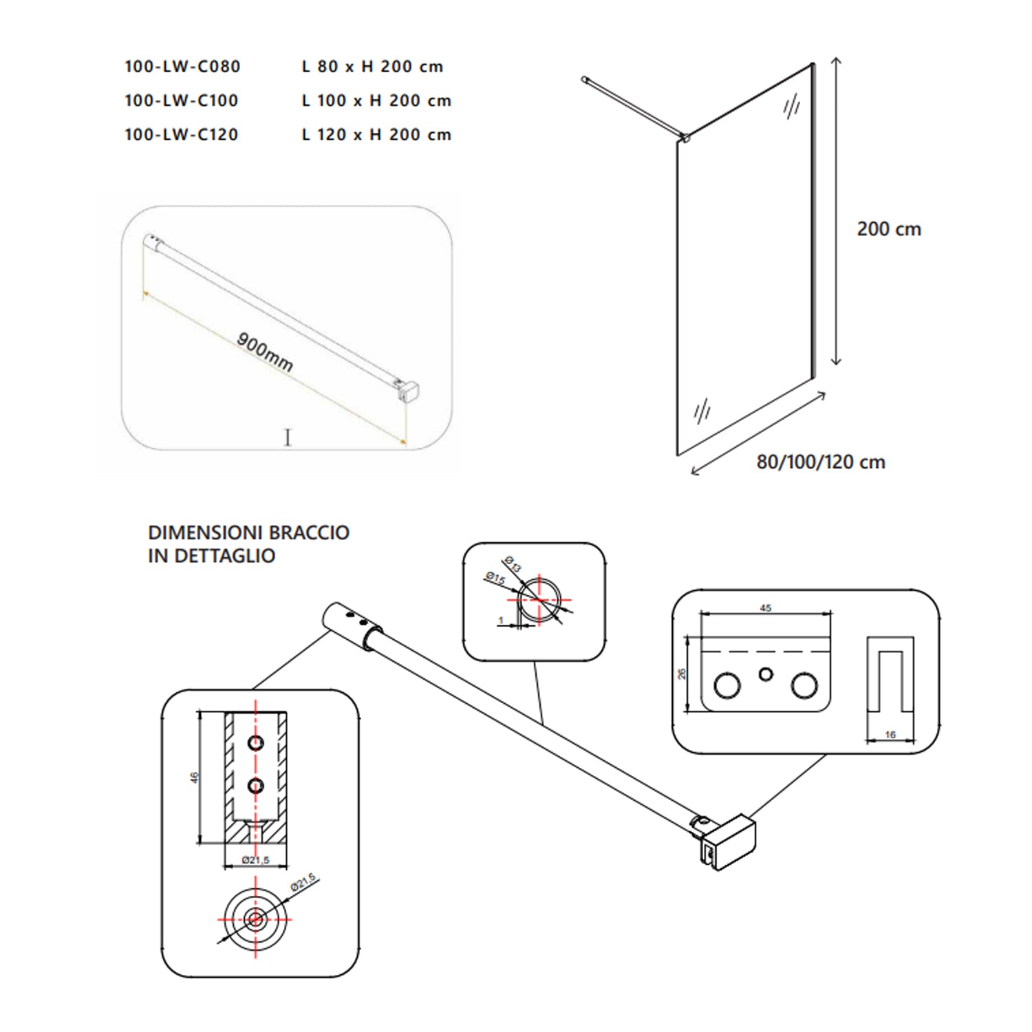 Parete doccia Walk-in DocciaGo modello Clever 120 cm lato frontale con supporto