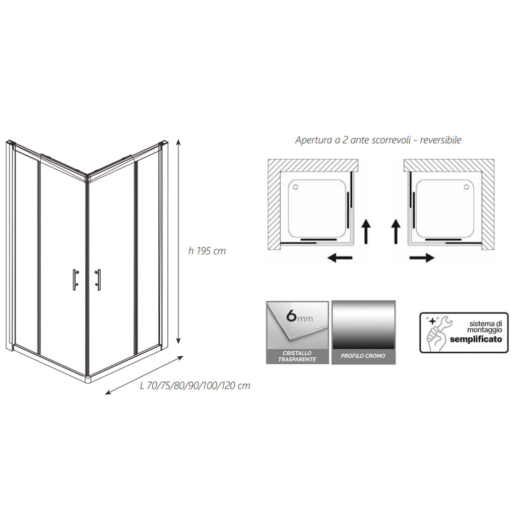 Box doccia angolare DocciaGo serie Zenith 70x80 cm con ante scorrevoli - Cromo