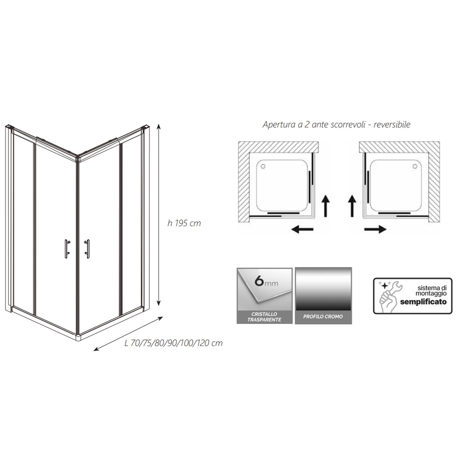 Box doccia angolare DocciaGo serie Zenith 70x90 cm con ante scorrevoli - Cromo