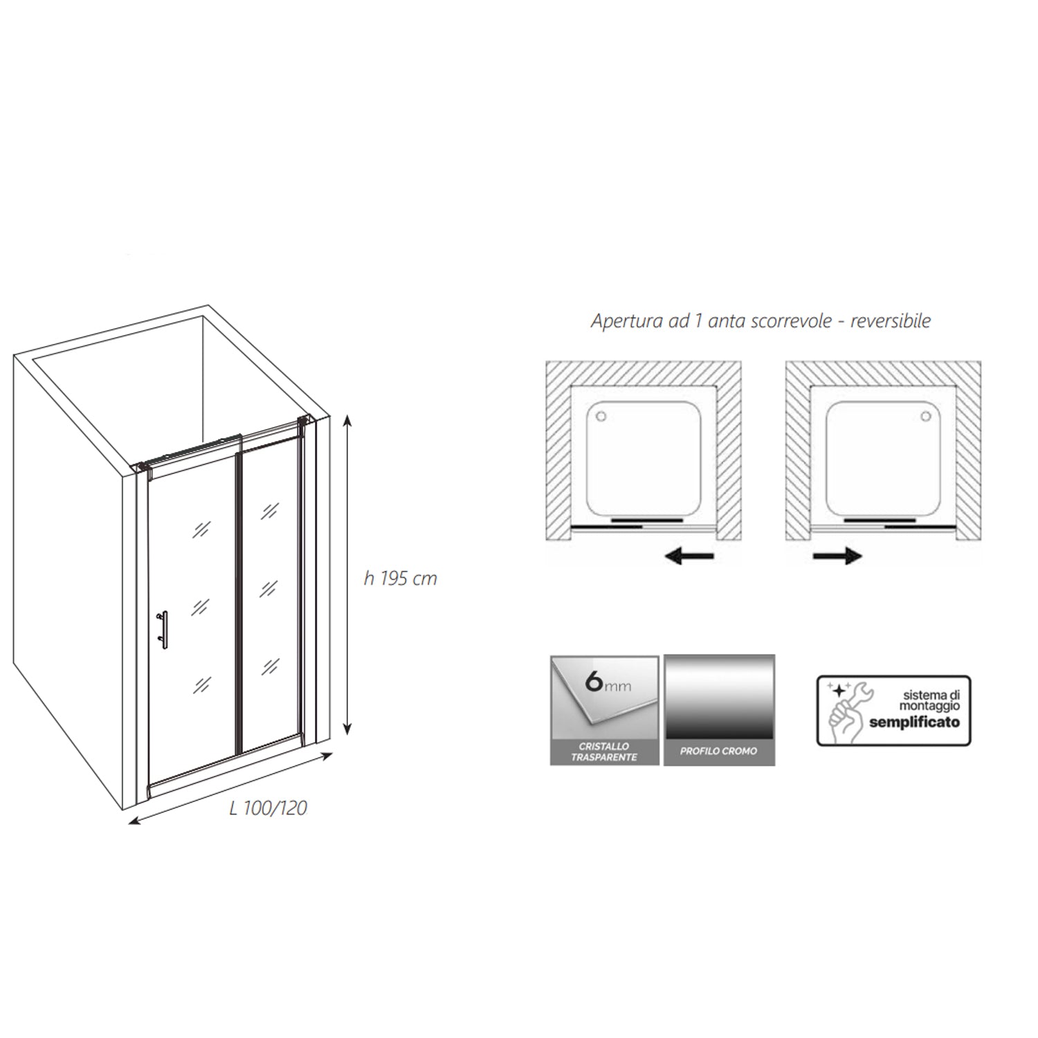 Porta doccia scorrevole per nicchia DocciaGo serie Sound 120 cm - Cromo