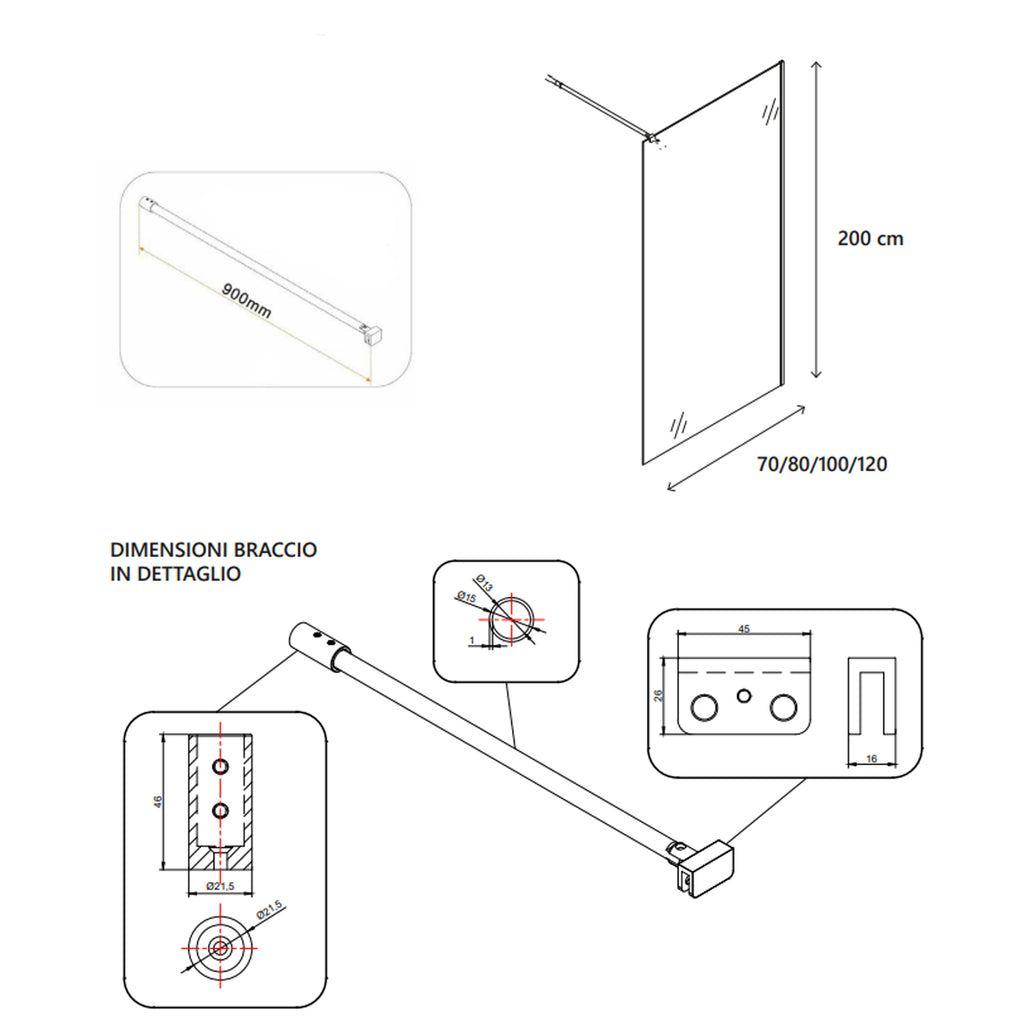 Parete doccia Walk-In assemblata DocciaGo serie Clover 80 cm - Cromo/Vetro Grigio
