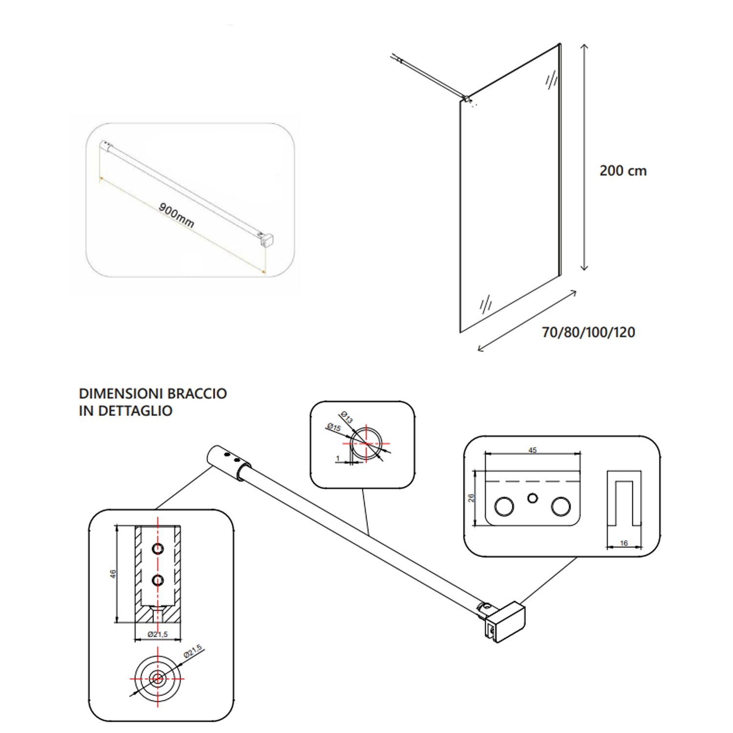 Parete doccia Walk-In assemblata DocciaGo serie Clover 80 cm - Cromo/Vetro Grigio
