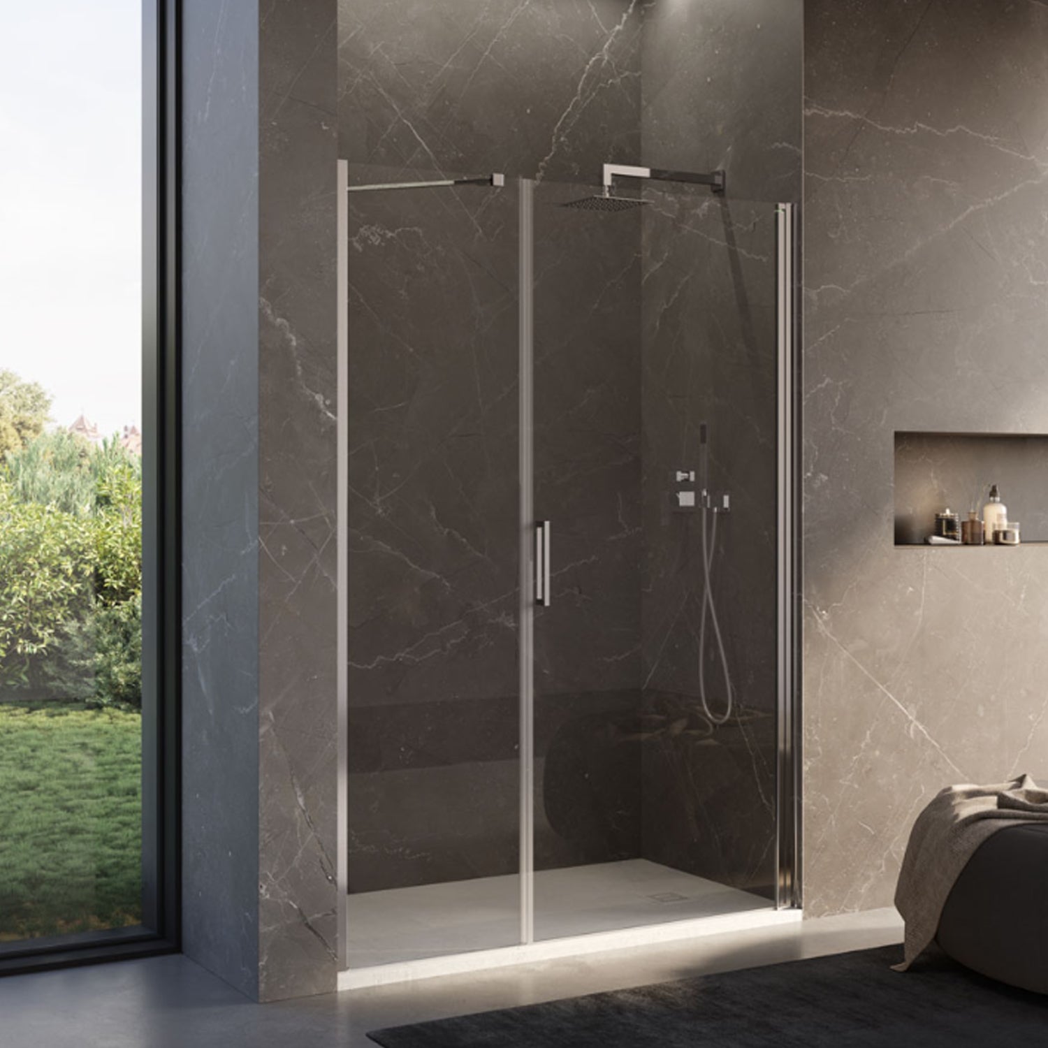 Porta doccia in linea cm 170 Ermes con pannello fisso cm 90+ porta battente cm 80 in cristallo temperato mm 6