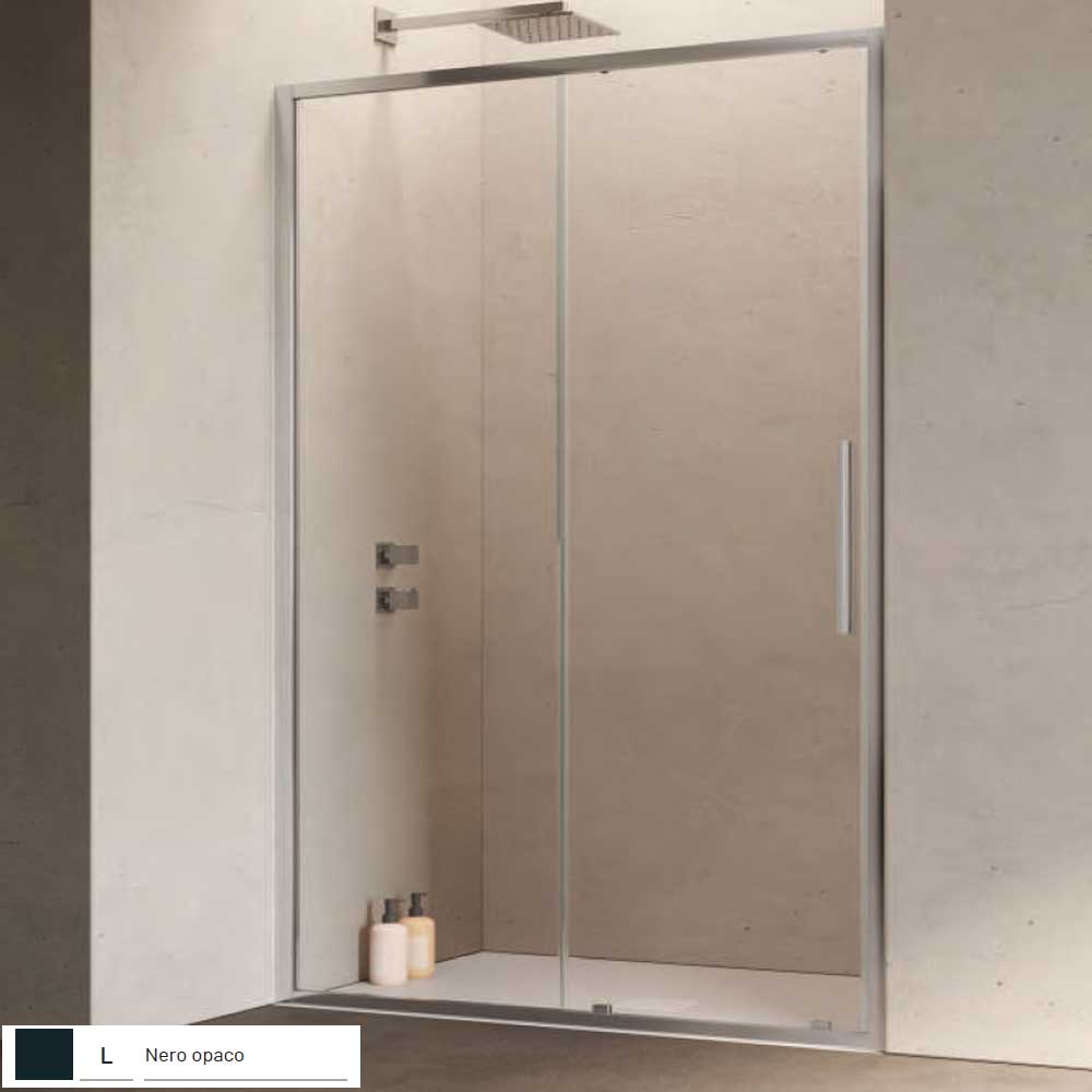 Porta doccia con Apertura scorrevole da cm 120 con Profilo in Alluminio Nero e Cristallo 6 mm Trasparente Anticalcare Hexa by SAMO