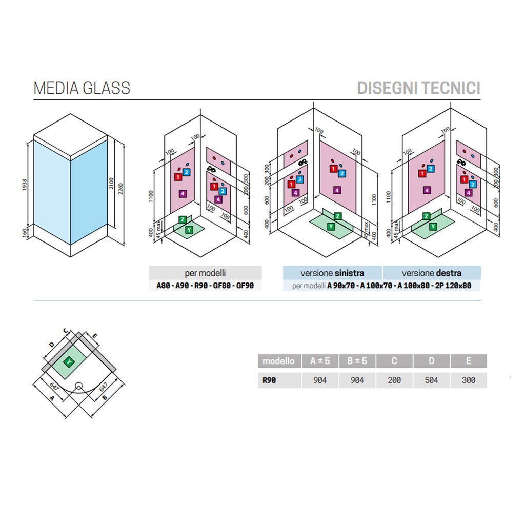 Box doccia semicircolare multifunzione modello Mediaglass 90x90 cm con ante scorrevoli
