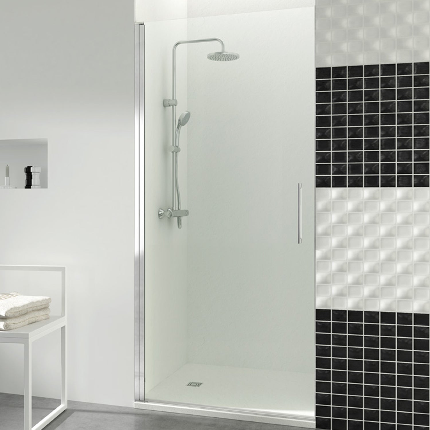 Porta doccia a battente di GME modello Open da 45 cm con chiusura magnetica a parete