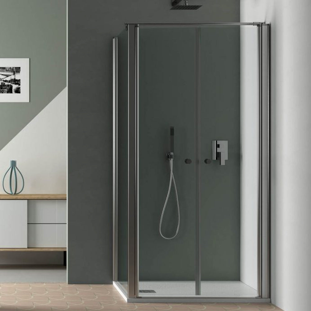 Box Doccia Angolare  80x70 con porta apertura saloon e parete fissa in cristallo trasparente 6 mm