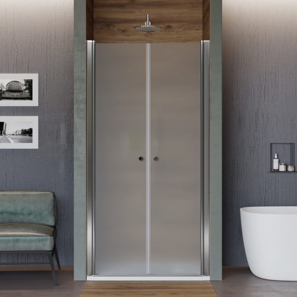 Porta doccia nicchia da 85 cm con apertura saloon in cristallo opaco da 6 mm