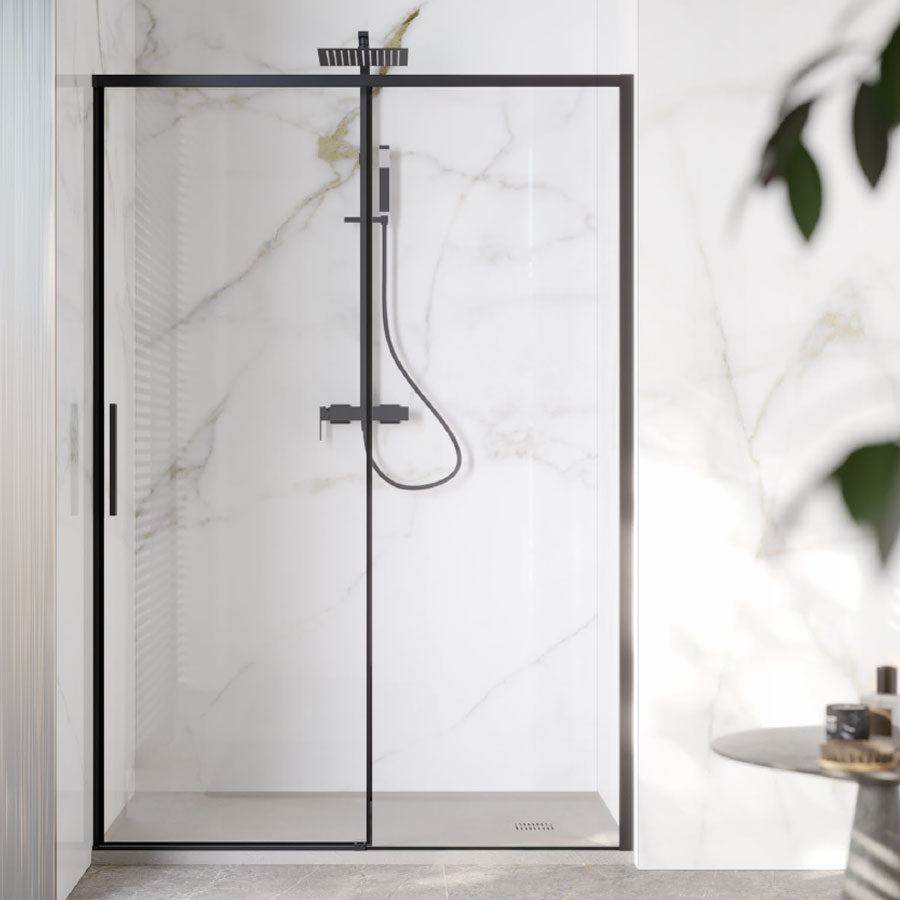 Porta doccia scorrevole per nicchia da 150 cm in cristallo da 6 mm con profilo alluminio Nero versione Destra