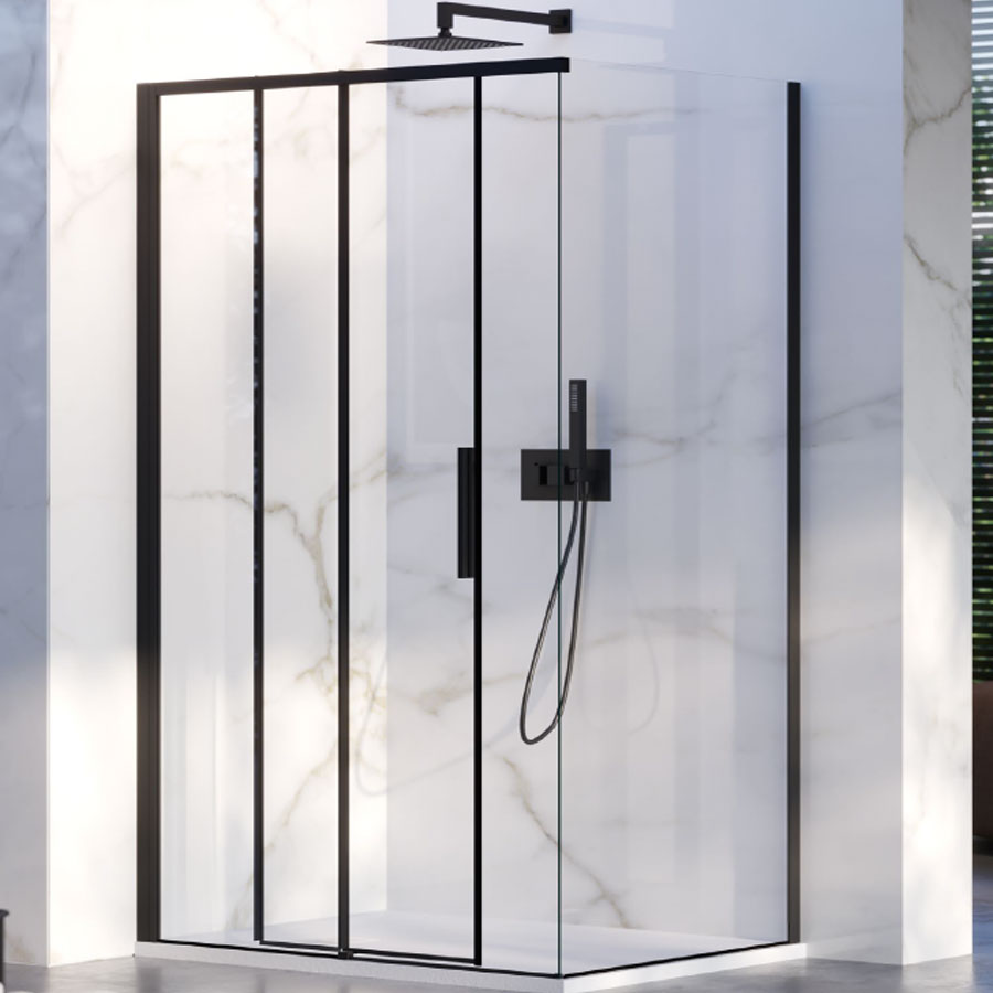 Box Doccia ad angolo 70x100 con lato fisso e porta scorrevole in cristallo 6 mm e profilo nero Versione Sinistra