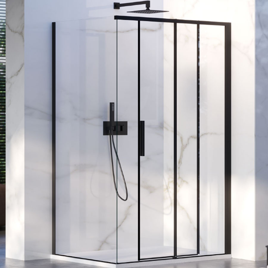 Box Doccia ad angolo 90x130 con lato fisso e porta scorrevole in cristallo 6 mm e profilo nero Versione Destra