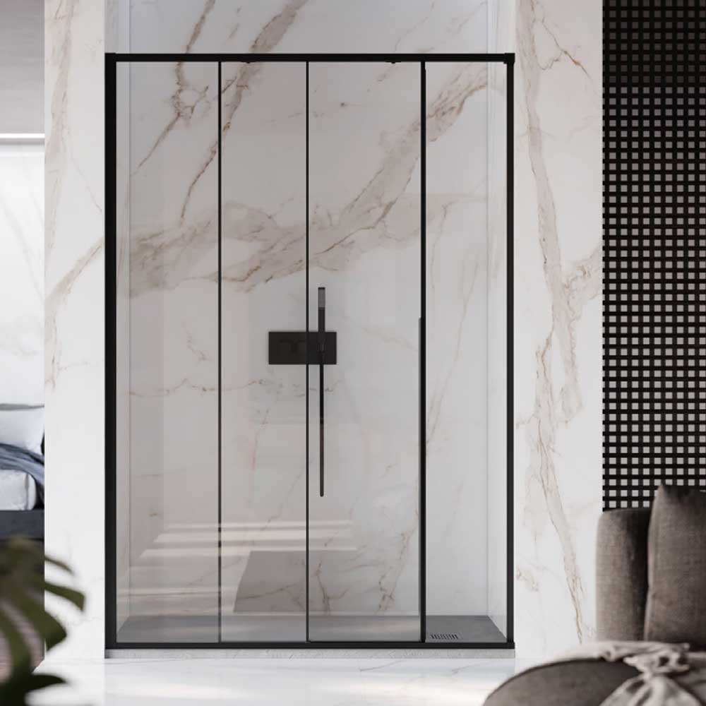 Porta doccia scorrevole Prestige cm 120 in cristallo da 6 mm e profilo minimale in alluminio colore Nero Opaco. Versione Sinistra