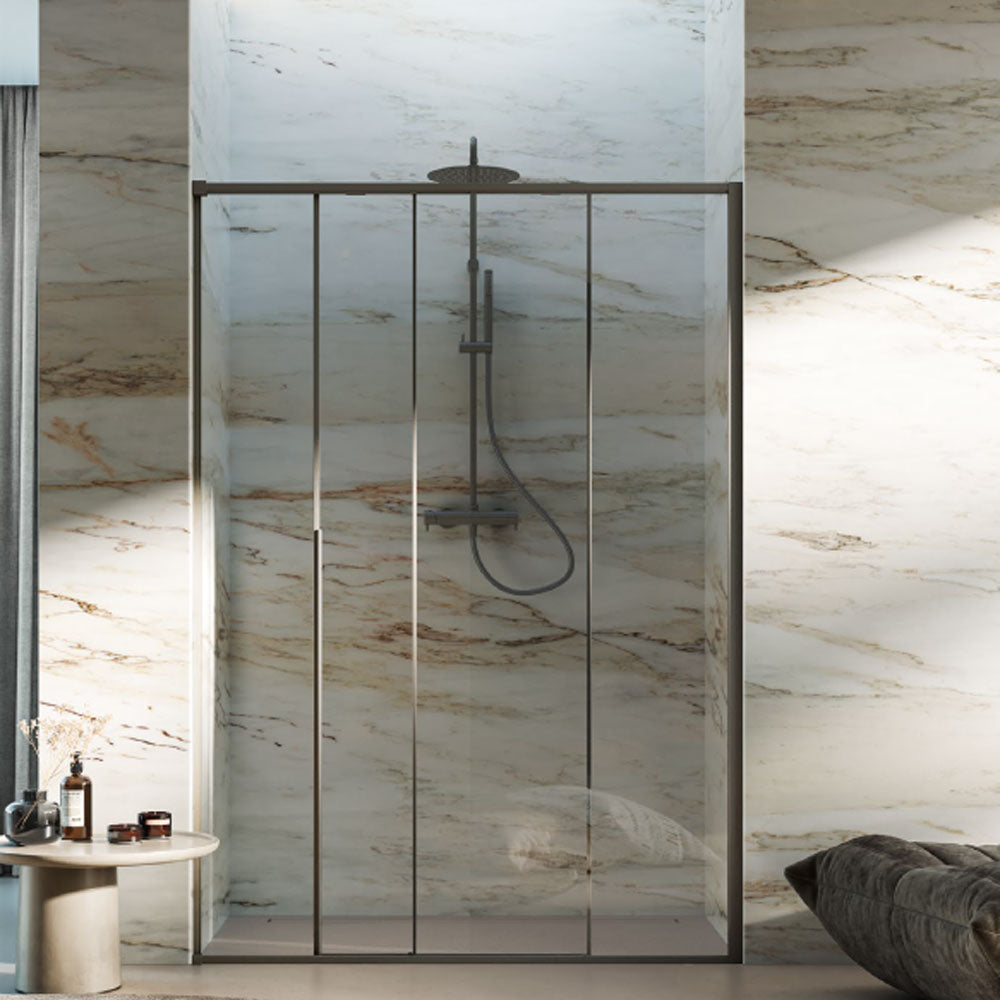 Porta doccia scorrevole Prestige cm 150 in cristallo da 6 mm e profilo minimale in alluminio colore Tortora. Versione Sinistra