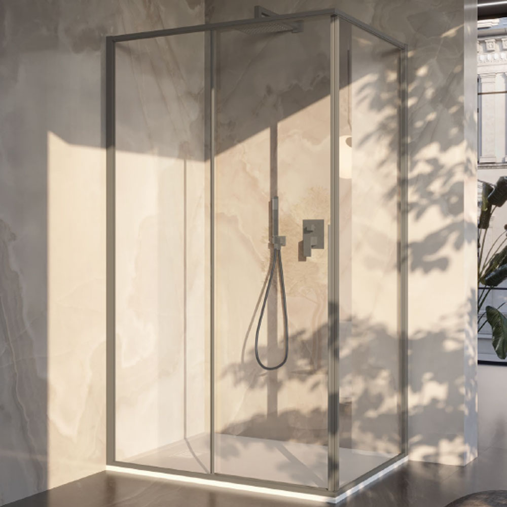 Box Doccia rettangolare 70x100 in cristallo da 6 mm e profilo minimale in alluminio colore Tortora. Versione Sinistra