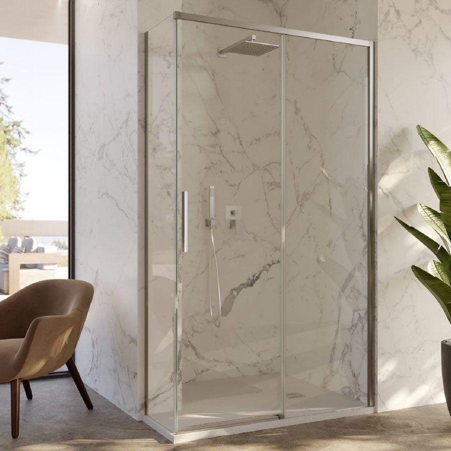 Box Doccia ad angolo 70x120 con lato fisso e porta scorrevole in cristallo 6 mm e profilo Cromo brillante Versione Destra