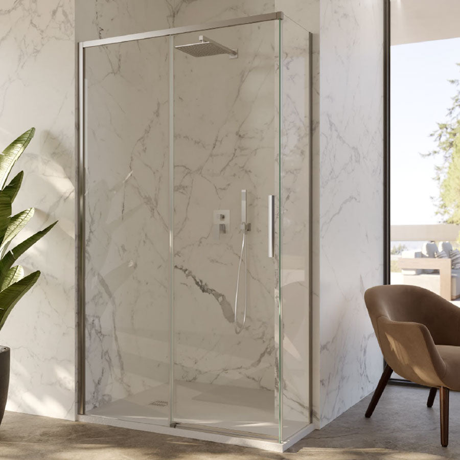 Box Doccia ad angolo 70x140 con lato fisso e porta scorrevole in cristallo 6 mm e profilo Cromo brillante Versione Sinistra