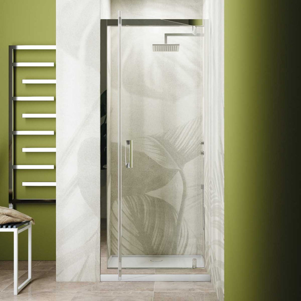 Porta doccia battente girevole cm 90 in cristallo anticalcare trasparente 6 mm e telaio in alluminio collezione Keplero