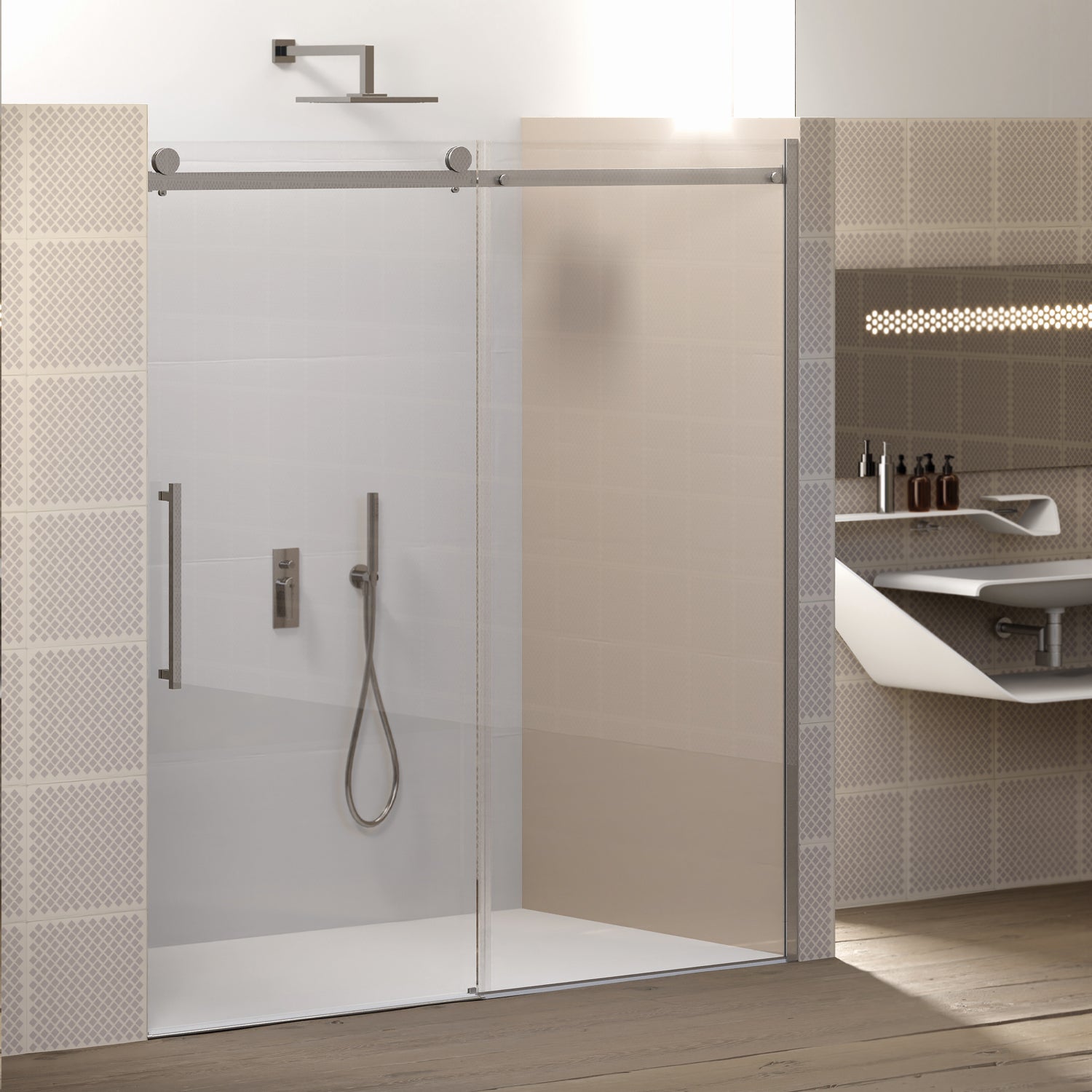 Porta doccia Alicudi un'anta scorrevole 120cm cristallo trasparente 8mm h195 profilo argento Made in Italy