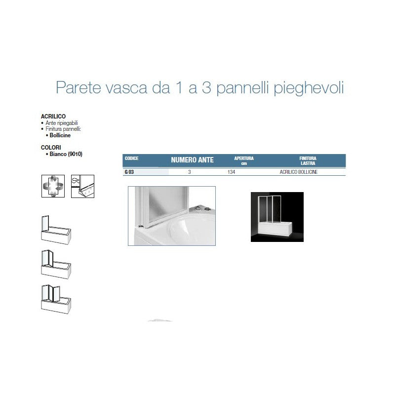 Parete vasca 133 cm con pannelli Pieghevoli alluminio e acrilico